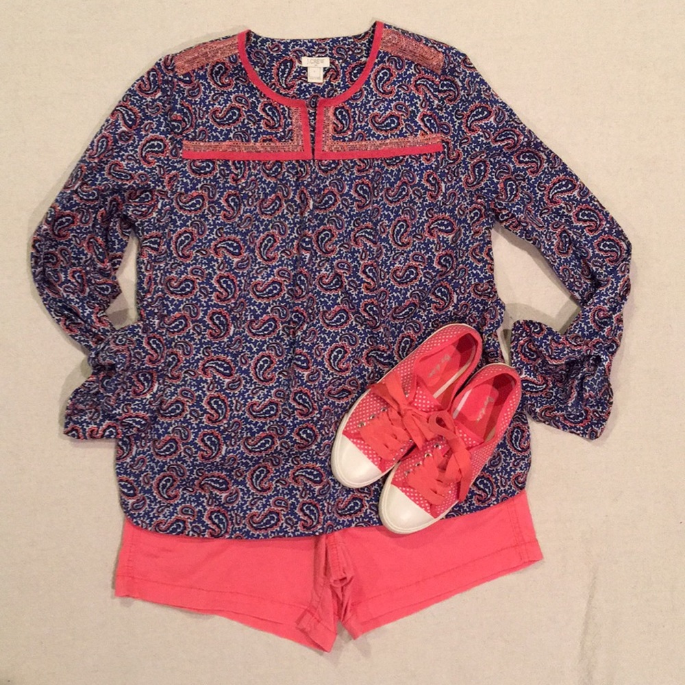 J. Crew Blue and Coral Paisley Boho Top S